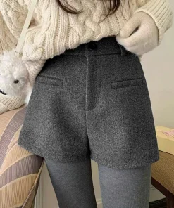 Women's 2025 Winter Thick Wool Blend Shorts - Korean High Waisted Slimming Bodycon 3/4 Booty Shorts