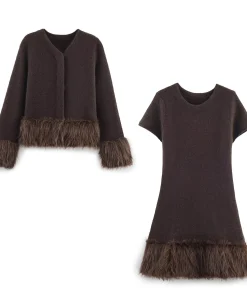 Autumn New Women's Clothing European and American Artificial Fur Effect Splicing Knitted Coat Knitted Dress Set