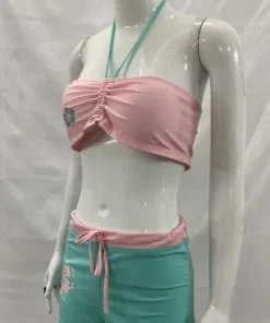 Alternative view of European American Y2K Sexy Cute Spicy Girl Strapless Hanging Neck Lace Up Bikini Color Blocking Shorts Two-piece Women Clothing