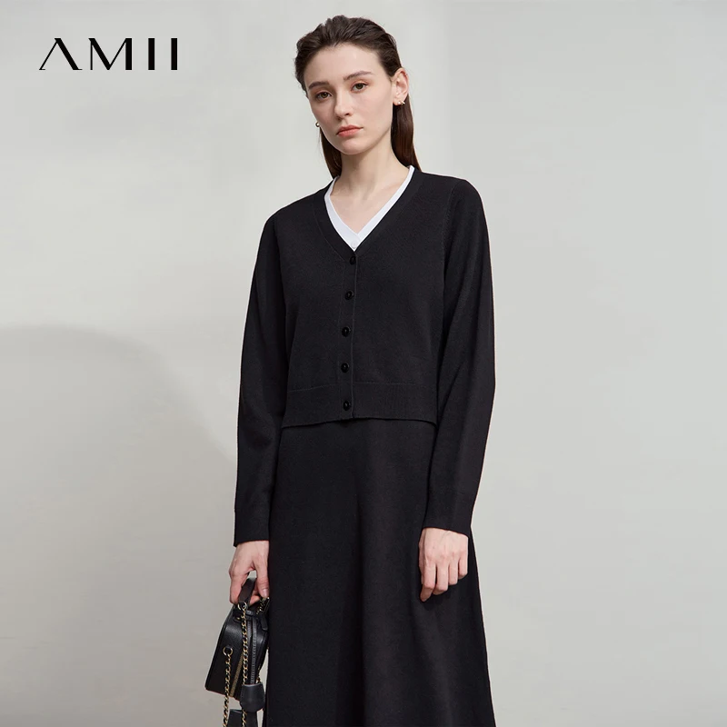 AMII Dress Ladies 2025 Autumn New Woman Clothing V-neck Fake Two-piece Knitted A-line Casual Elegant Dresses For Woman 12543051 - Image 4
