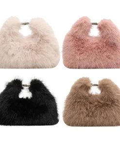 Alternative view of Faux Fur Shoulder Bag for Women Top Handle Clutch Bag Adjustable Strap Fluffy Crossbody Bag Lady Furry Handbag Party Purse