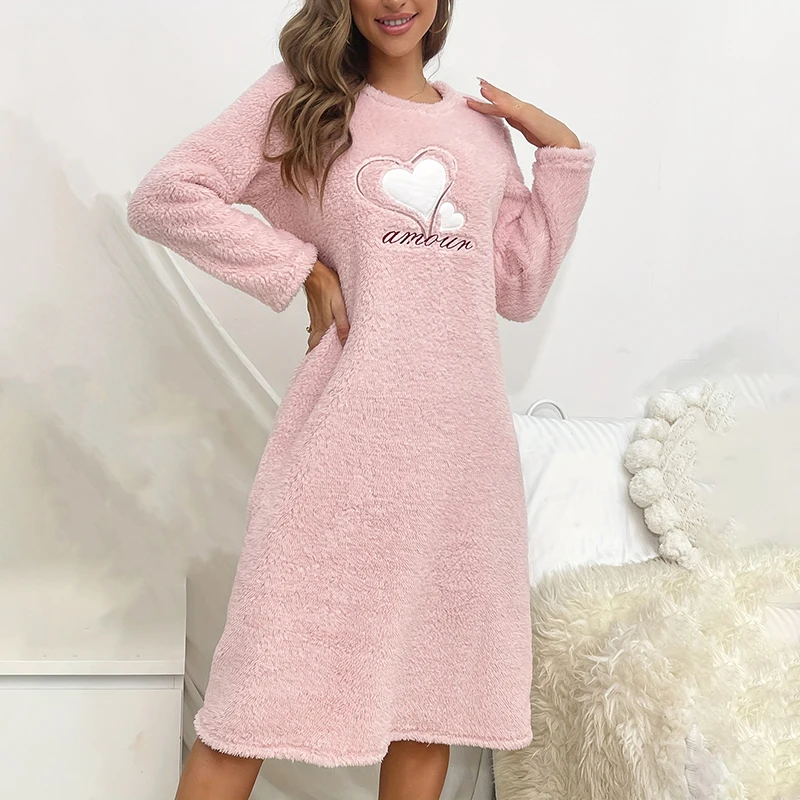 Heart Embroidery Flannel Sleepdress Pink Or Beige Long-Sleeve Round Neck Dress Super Soft Warm Nightgown Fit Winter Women's Pjs - Image 5