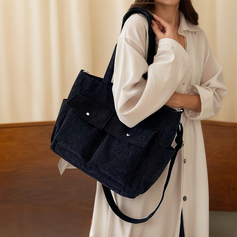 New Vintage Multi Pocket Corduroy Handbag Large Capacity Women's Shoulder Bag Casual Crossbody Bag For Women Commuting - Image 6