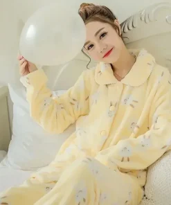 Alternative view of Thickened Flannel Coral Fleece Sleepwear Long Sleeve Home Clothes Set for Women Winter Warm Cozy Two-Piece Suit Comfortable Paja