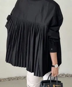 Plus Size 2025 Spring and Summer New Women's POLO Collar Pleated Casual Single Row Button Shirt Blouse Solid Color