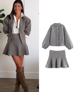 TFMLN Women's Knitted Mini Skirt Set Long Sleeve Loose Bomber Jacket Top A-Line Short Skirt Autumn Winter New Elegant Suit