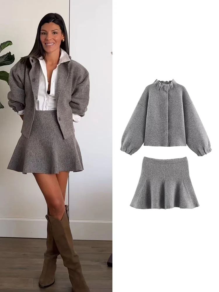 TFMLN Women's Knitted Mini Skirt Set Long Sleeve Loose Bomber Jacket Top A-Line Short Skirt Autumn Winter New Elegant Suit