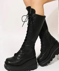 Alternative view of DoraTasia Black Gothic Fashion Round Toe Side Zipper Lace Up Women's Mid Calf Boots New INS Christmas Street Party Shoes Woman