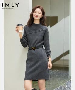 VIMLY Gray Dresses Woman Elegant 2025 Autumn Knitted Mock Neck Paneled Midi Lady Dress Straight Wool Blend Female Dresses 75187