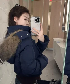 Large Fur Collar Hooded Cotton Jacket for Women, Thickened and Warm Parka, Short Puffer Jacket