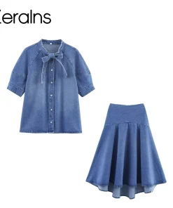 Alternative view of ZERAINS Autumn new women's clothing European and American style knot decoration denim shirt Midi skirt set