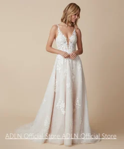 Wedding Dress Vestido De Noiva Sexy Customized V Neck Sleeveless Lace Applique Sweep Train Backless Bridal Gown for Woman