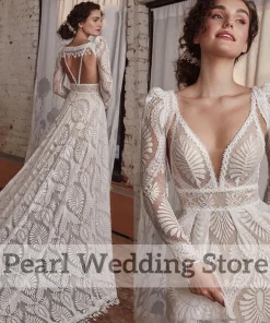 Alternative view of Exquisite Lace Deep V-Neck Backless Wedding Dress Boho Illusion with Long Sleeve Jacket Custom Romantic A-Line Floor Length