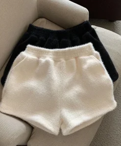 Xpqbb Autumn Winter Faux Mink Plush Shorts Women Korean Fashion Loose Wide Leg Short Pants Ladies Solid High Waist Casual Shorts