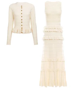 Alternative view of High Quality New Sweater Fashion Classic Ruffle Edge Knitted Elastic Long Sleeved Cardigan Sleeveless Skirt Slim Fit Women's Set