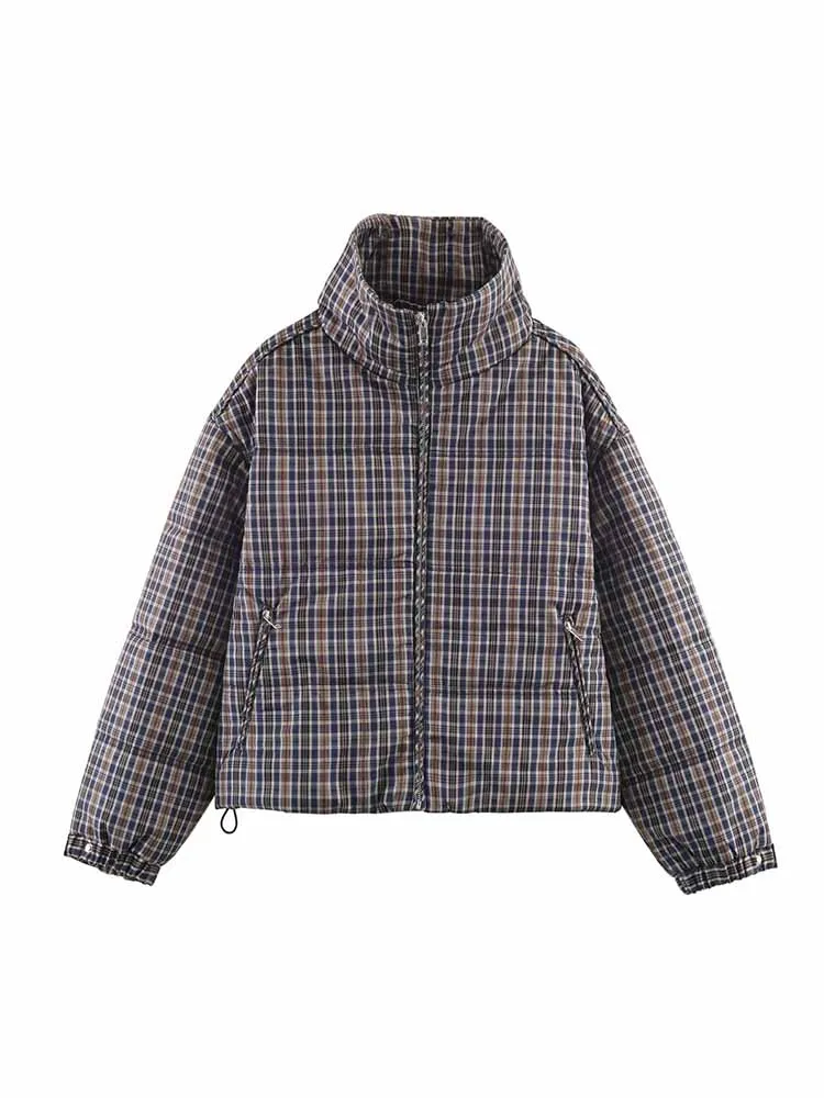 HH Woman Winter Fashion Long Sleeves Stand Collar Plaid Pocket Zipper Decoration Cotton Jacket Female Versatile Cotton Jacket