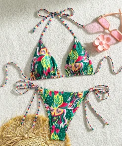 2025 new bikini European and American triangle cup print lace-up swimsuit hot girl small fresh seaside bikini swimsuit