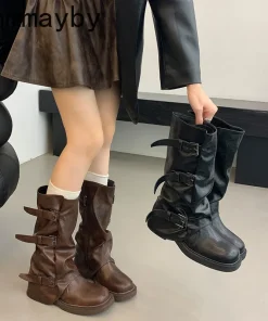 Autumn Winter Vintage Woman Knight Knee High Boots Shoes Ladies Elegant Thick Low Heel Belt Buckle Western Cowboy Botas