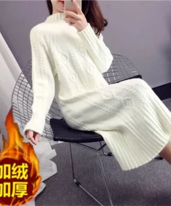 Alternative view of Khaki Thickened Sweater Women's Half High Neck Autumn And Winter New 2023 Korean Fashion Loose And Thin Knit Dress Long Female