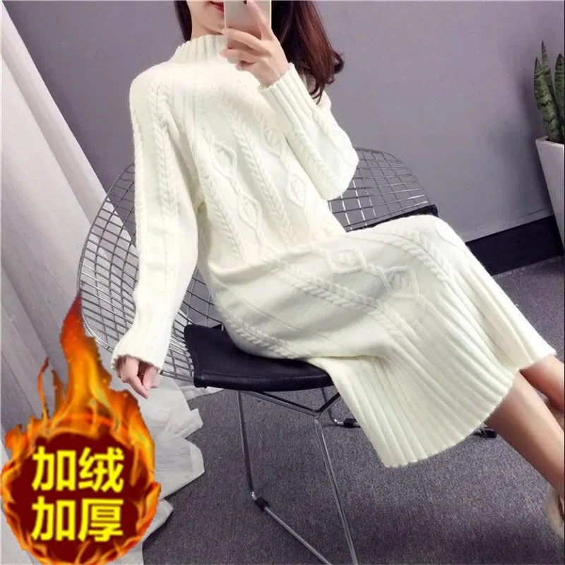 Khaki Thickened Sweater Women's Half High Neck Autumn And Winter New 2023 Korean Fashion Loose And Thin Knit Dress Long Female - Image 2