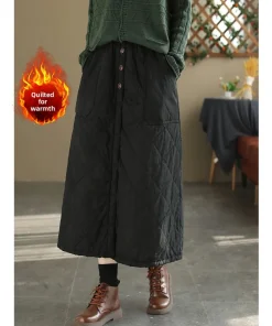Retro Warm Cotton Quilted Long Midi Skirt High Waist A-Line Skirt for Middle-Aged And ly Women Diamond Patterned f Skirt