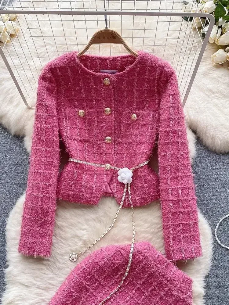 Autumn Winter Fashion Rose Red Woolen Two Piece Set Women Golden Button Chain Belt Tweed Short Jacket Coat+Split Midi Skirt Suit - Image 4