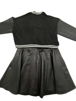 Plus-size letter print long sleeve with leather skirt baseball suit two-piece set; - Image 3