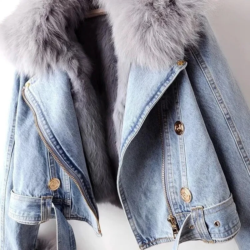 New Winter Denim Jacket Women Fashion Overcoat Faux Fox Fur Collar Jean Coat Female Short Warm Parkas Rabbit Hair Lining Outwear - Image 5