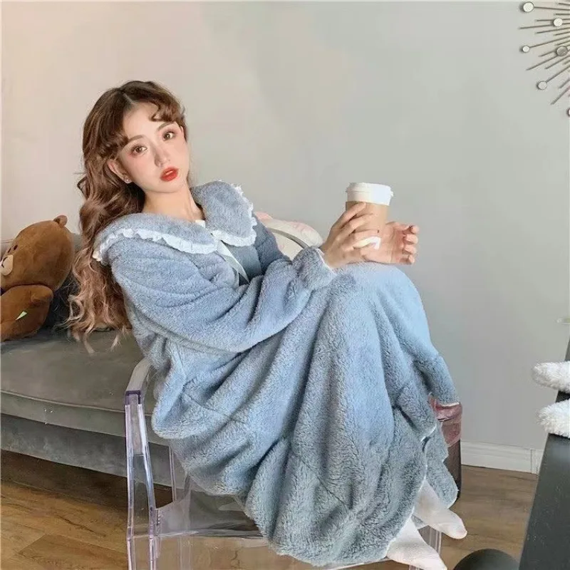 Thickened Warm Coral Velvet Nightgown Female Autumn and Winter One-Piece Pajamas Student Homewear Solid Sleepwear Loungewear - Image 4