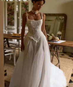 New Arrival Charming Appliques Wedding Dress Shinny Beaded Thin Straps Bridal Gown Customized A-line Tulle Dresses For Bride