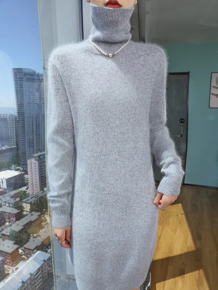 TLOML Women 100% Mink Cashmere Dress Turtleneck Pullover Casual Style Autumn Winter Slim Soft Warm Cashmere Knitted Short Dress - Image 4