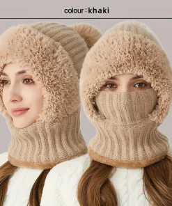 3 In 1 Knitted Hat Thickening And Adding Fluff Hat Scarf Mask One-piece Hat Winter Warm Fashion Windproof Hat For Women 2025