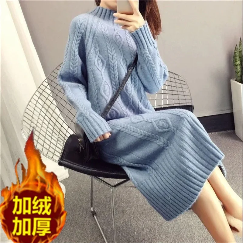 Khaki Thickened Sweater Women's Half High Neck Autumn And Winter New 2023 Korean Fashion Loose And Thin Knit Dress Long Female - Image 4