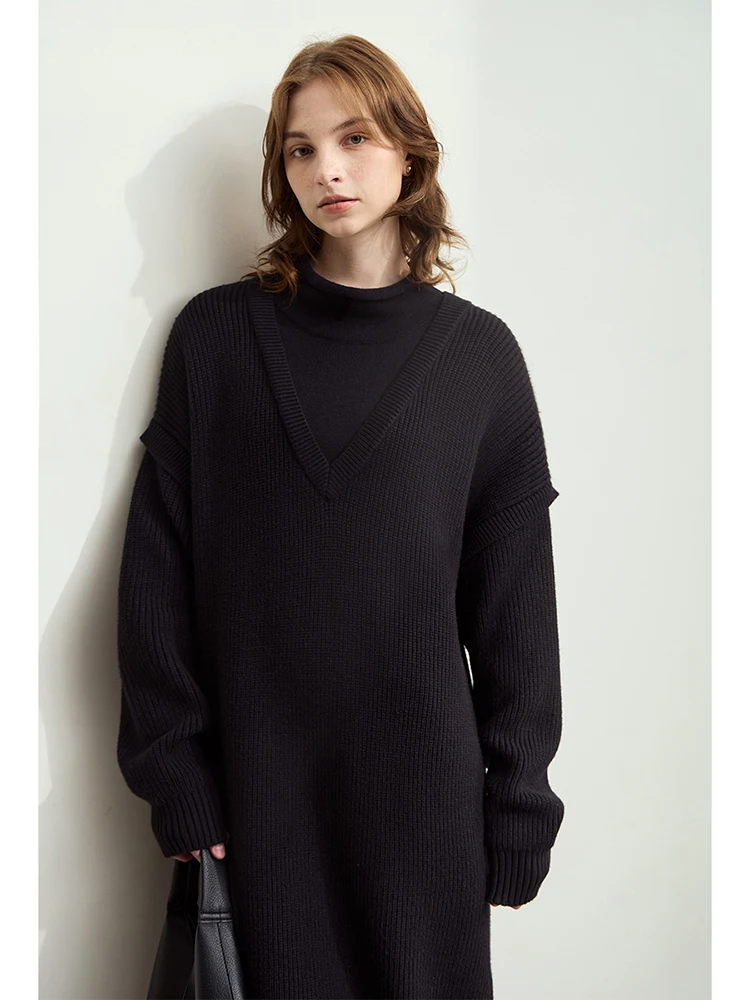 AMII Minimalist Womens Dresses 2025 Winter New Commuter Half Turtleneck Woman Clothing Solid Loose Knitted Midi Dress 12444229 - Image 3