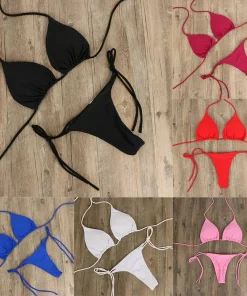 Alternative view of Solid Color Hanging Neck Style Lace-Up Bikini Women's Sexy Adjustable Triangle Beach Swimsuit No Steel Bracket No Chest Pad