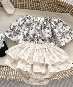Alternative view of Baby Girls Floral Skirt Shorts 0-4Y Summer Double Layes Vintage Pink/black Floral Girls Tutu Skirt Cotton Toddler Pettiskirt