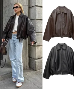 Vintage PU Leather Bomber Jackets 2025 Autumn New Ladies Zipper Lapel Long Sleeve Pocket Coat With Belt Women's Loose Streetwear