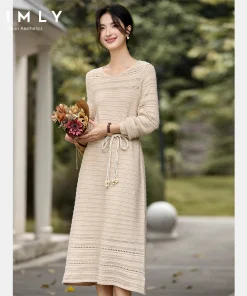 VIMLY Oatmeal Long Dress Woman Autumn 2025 Elegant Hollow Out Knitted Beach Style Dresses Round Neck Straight Ladies Dress 75211