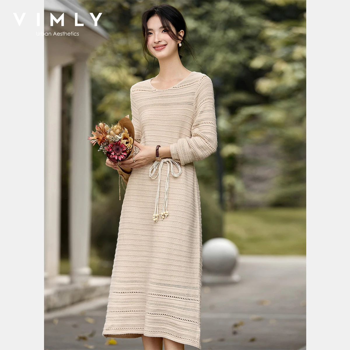 VIMLY Oatmeal Long Dress Woman Autumn 2025 Elegant Hollow Out Knitted Beach Style Dresses Round Neck Straight Ladies Dress 75211