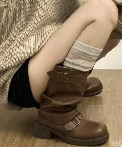 Autumn and Winter Fashion Retro Brown Western Cowboy Boots Women's Boots 2025 New Look Slim Thick and Stacked Short Boots