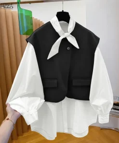 ZANZEA Women's Fashion Tie Neck Blouses Woolen Fabric Patchwork Long Sleeve Tops Streetwear Spring Summer Shirts Woman Clothes