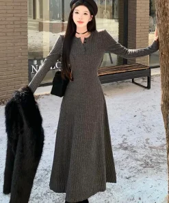 Smvp Elegant Slim High Waist Knit Dresses Women Autumn Winter Long Sleeve Thick Warm Long Dress Vintage Streetwear Vestidos