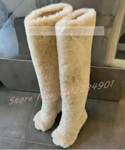 Open Toe Over The Knee Boots Women Big Size Fashion Slip-On Fluffy Fur Warm Comfortable High Heels Shoes Lady Nifty Sexy Boots