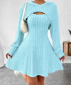 Women's blue ribbed knitted vest dress, short long sleeved top slim fit two-piece set, autumn and winter