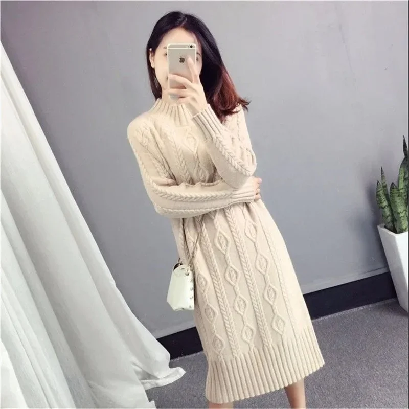 Khaki Thickened Sweater Women's Half High Neck Autumn And Winter New 2023 Korean Fashion Loose And Thin Knit Dress Long Female - Image 3