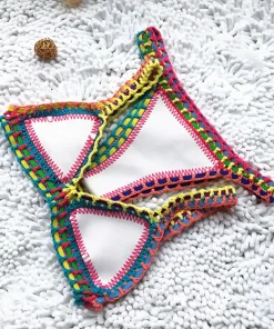 2 Pcs/Set Summer Bikini Set Bathing Suit Bright Color Patchwork Beachwear Handmade Crochet Women Swimsuit for Beach