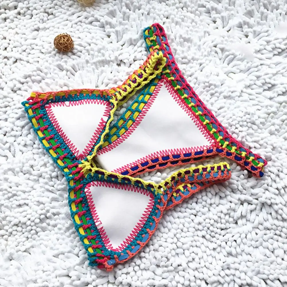 2 Pcs/Set Summer Bikini Set Bathing Suit Bright Color Patchwork Beachwear Handmade Crochet Women Swimsuit for Beach