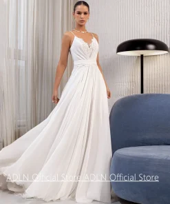 Summer Wedding Dress Customized Spaghetti Straps V Neck Pleat Lace Sweep Train A Line Chiffon Bridal Gown Beach Bride Dresses
