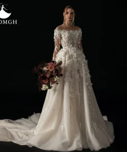 Aedmgh A-Line Elegant Wedding Dresses Boat Neck Long Sleeve Vestido De Novia Lace Appliques Flowers Chic Custom Made Bridal Gown