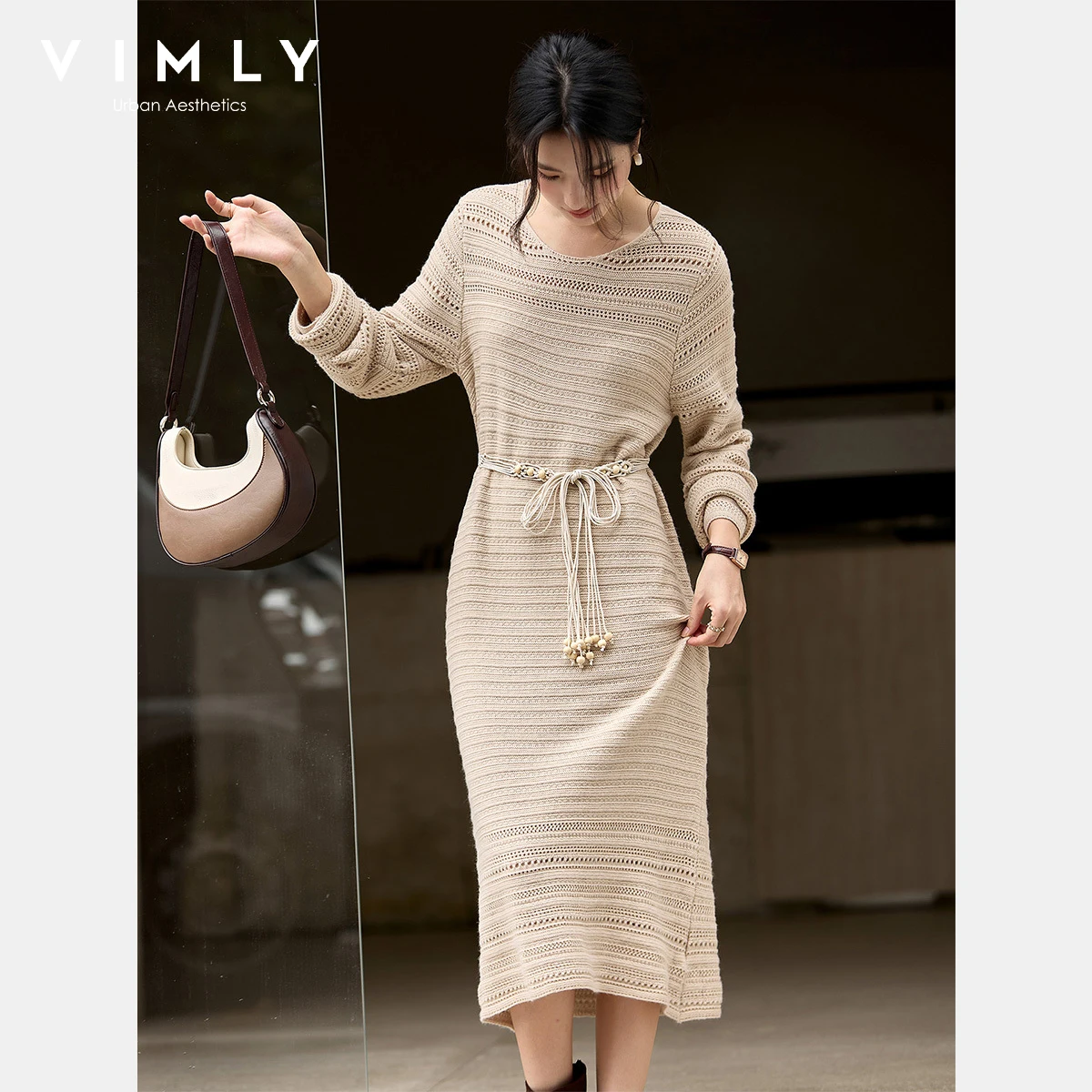 VIMLY Oatmeal Long Dress Woman Autumn 2025 Elegant Hollow Out Knitted Beach Style Dresses Round Neck Straight Ladies Dress 75211 - Image 3